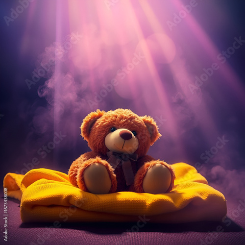 Volumetric lighting illuminates a brown plush teddy bear resting on a yellow folded baby blanket against a dark background. Vivid electric colors accentuate light beams piercing dust or fog