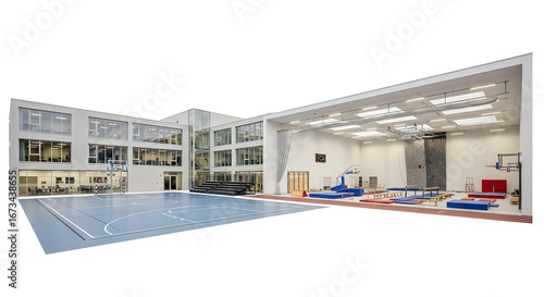 Architectural cutaway visualization of a contemporary school or community center with a detailed indoor gymnasium and sports complex