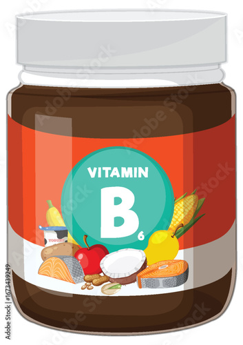 Vitamin B6 Supplement Jar with Healthy Food Icons