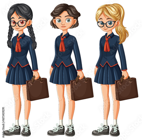 Three Schoolgirls in Uniform Holding Briefcases