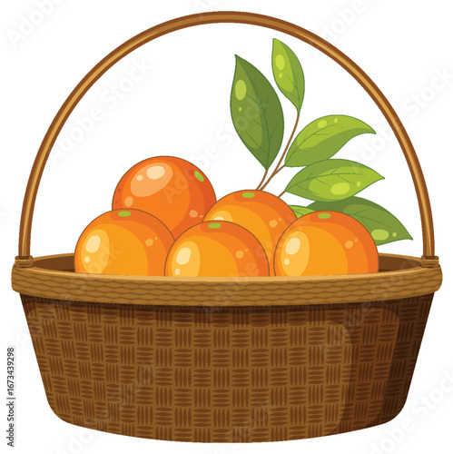 Wicker Basket Filled with Fresh Oranges and Leaves