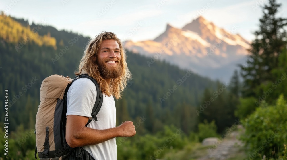 Obraz premium Long-haired male backpacker posed in rugged mountain landscape.