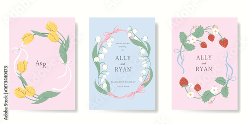 Wedding invitation card background vector. Minimal pastel hand drawn flower and ribbon frame, tulip, lily, strawberry. Card template design for wedding, vip cover, rsvp modern card, poster.