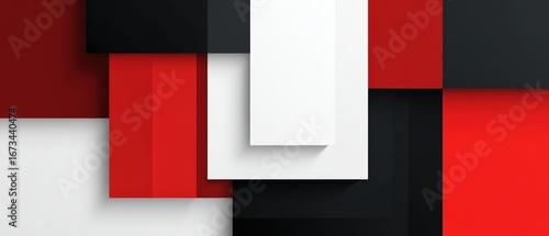 Modern abstract geometric art composition featu layered rectangular shapes in red black white and gray tones