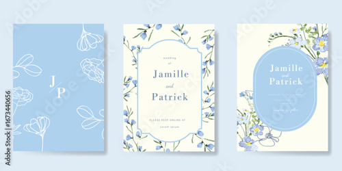 Wedding invitation card background vector. Blue beautiful hand drawn flower with watercolour and line art.Floral card template Design for wedding, vip cover template, rsvp modern card, poster.
