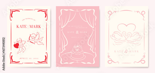 Wedding invitation card background vector. Minimal hand drawn cupid, wedding cake, swans and ribbon frame. Card template Design for wedding, vip cover template, rsvp modern card, poster.