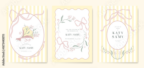 Wedding invitation card background vector. Minimal pastel hand drawn flower, bouquet and ribbon frame. Cottage Design for wedding, vip cover template, rsvp modern card, poster.
