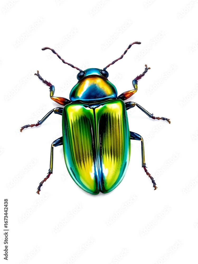 Naklejka premium A vibrant watercolor painting depicts a detailed jewel beetle with iridescent green and yellow elytra on a white background.