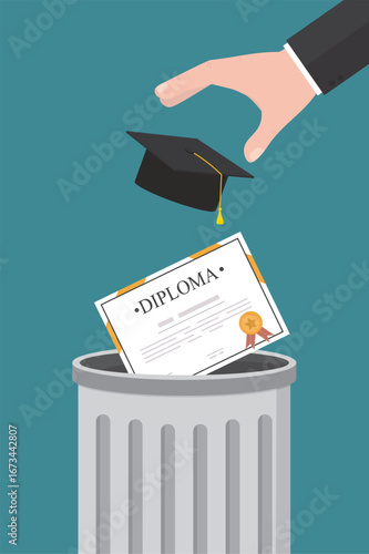 Education crisis. Diploma and graduation hat throw out into trash bin. Course certificate in garbage container. Poor quality education, useless diploma,