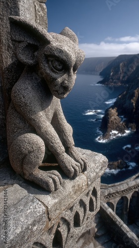 Naklejka Stone gargoyle overlooking a coastline