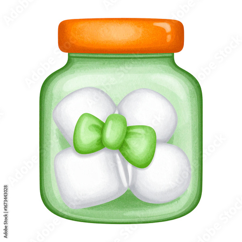 White preserved eggs in glass jar with green ribbon