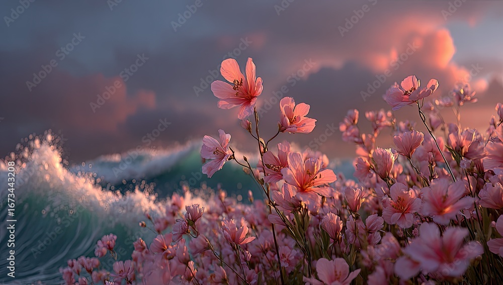 Obraz premium Pink flowers bloom amidst crashing waves at sunset