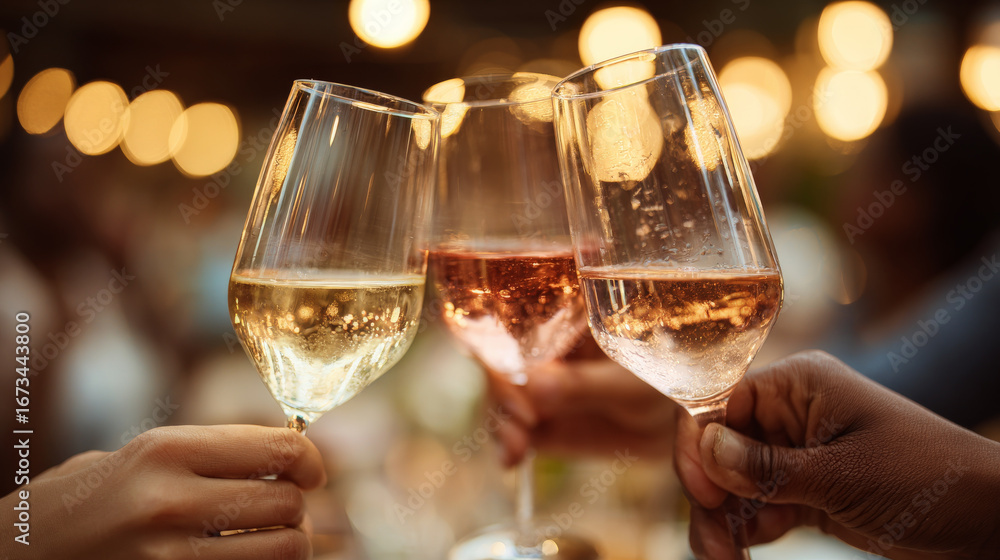 Obraz premium Three diverse hands making festive toast with elegant wine glass. joyful celebration of friendship and togetherness with alcohol at party with warm, bokeh background