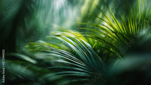 Fototapeta Naklejka Na Ścianę i Meble -  Lush tropical foliage in green jungle creates serene and abstract nature background. soft focus on plant leaf evokes peaceful and mysterious feeling of tranquility