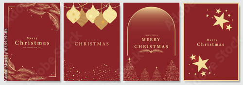 Christmas and Happy Holidays invitation card design vector. Christmas tree, pine leaves, snowflake,ornament spot texture on red background. Winter Design for Season's Greeting, Christmas, cover.