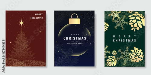 Christmas and Happy Holidays invitation card design vector. Christmas tree, bauble ball, pine cone, snowflake on red, navy blue and green background. Winter Design for Season's Greeting, cover.