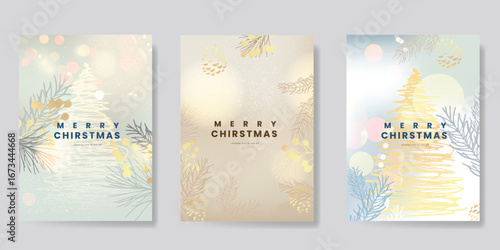 Christmas and Happy Holidays invitation card design vector. Christmas tree, pine cone, pine leaves on light background. Winter Design for Season's Greeting, Christmas, cover.