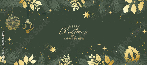 Christmas and Happy Holidays background design vector. Pine leaves, bauble ball, ornament, meteor on green background. Winter Design for Season's Greeting, Christmas, cover, banner, ads.