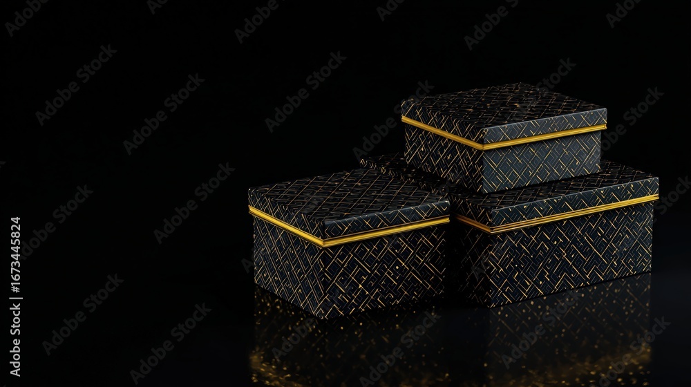 Obraz premium Elegant black and gold rectangular gift boxes with intricate geometric patterns and glossy finish for special occasions