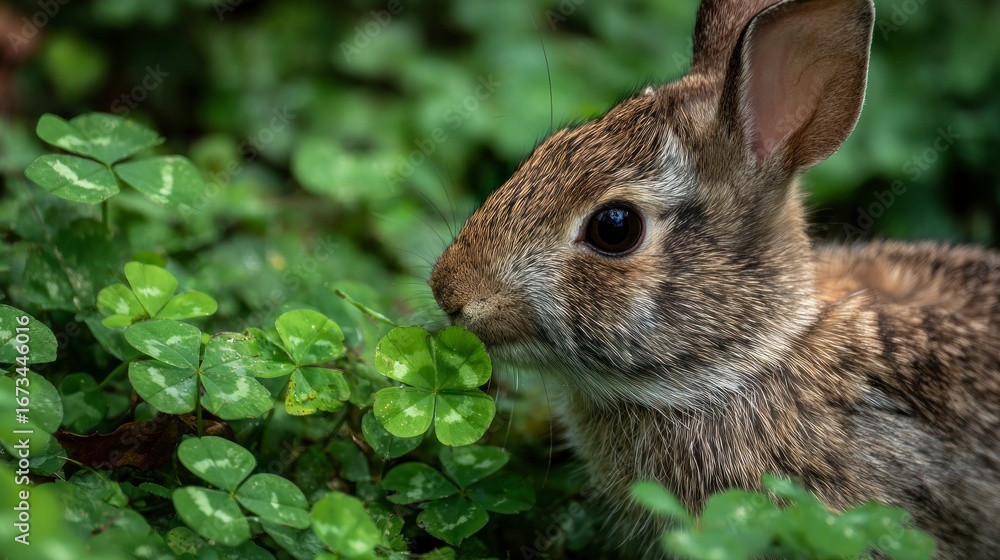 Fototapeta premium Rabbit foraging among clover