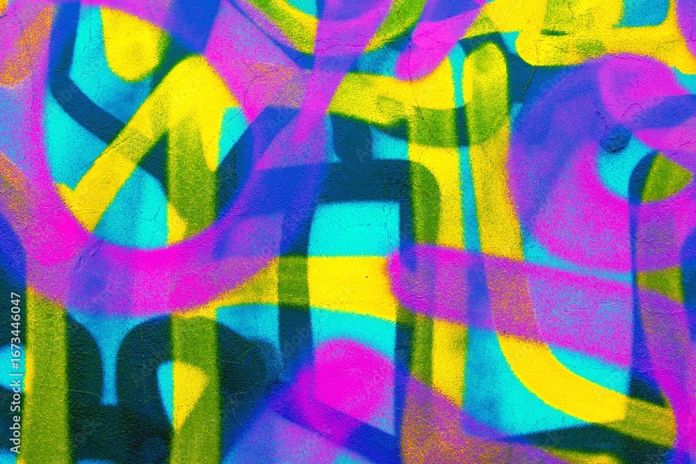Naklejka premium Vibrant graffiti pattern in neon pink, blue, yellow. 80s, urban art, with bold strokes and dynamic colors. Street art, murals, digital backgrounds, modern 80s urban visuals.