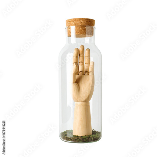 Wooden hand in glass bottle isolated