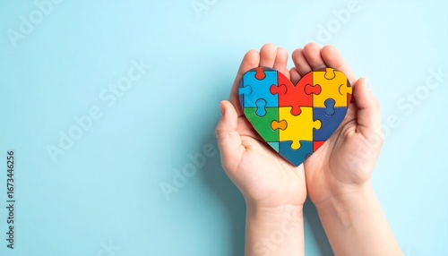 Wallpaper Mural Hands holding puzzle heart with autism awareness, love, care, understanding, and blue background. Torontodigital.ca