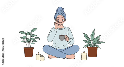 Flat vector illustration of self-care routine with person applying skincare and drinking tea with candles and plants around. Minimalist clean flat style, pastel colors, isolated on white background