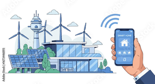 Flat vector illustration of futuristic lifestyle with solar panels, wind turbines, and smart home controlled by smartphone. Clean flat vector style, pastel bold colors, no gradients, isolated on white