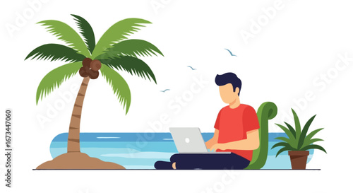 Flat vector illustration of a digital nomad working on a laptop under a palm tree with ocean view. Simplified shapes, faceless character, bold flat colors, clean design, isolated on white background
