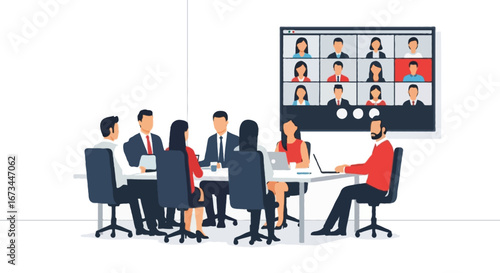 Flat vector illustration of hybrid meeting with colleagues in office around a table and large screen showing video call participants. Minimal geometric style, faceless characters, modern flat design