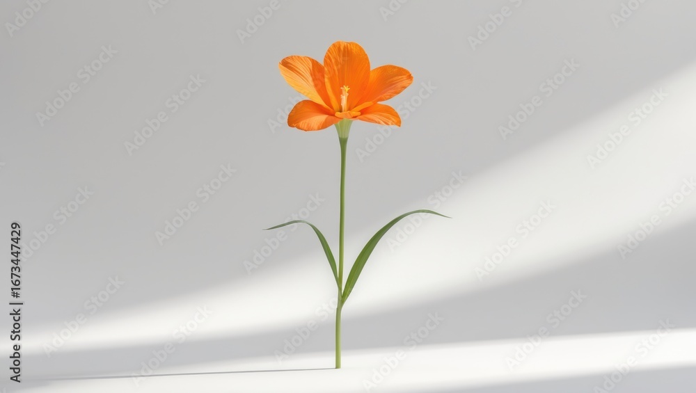 Naklejka premium A single orange flower with green leaves standing upright on a gray surface with shadow and light.