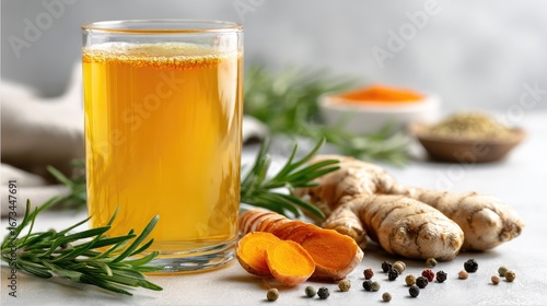 Golden drink surrounded by spices and herbs