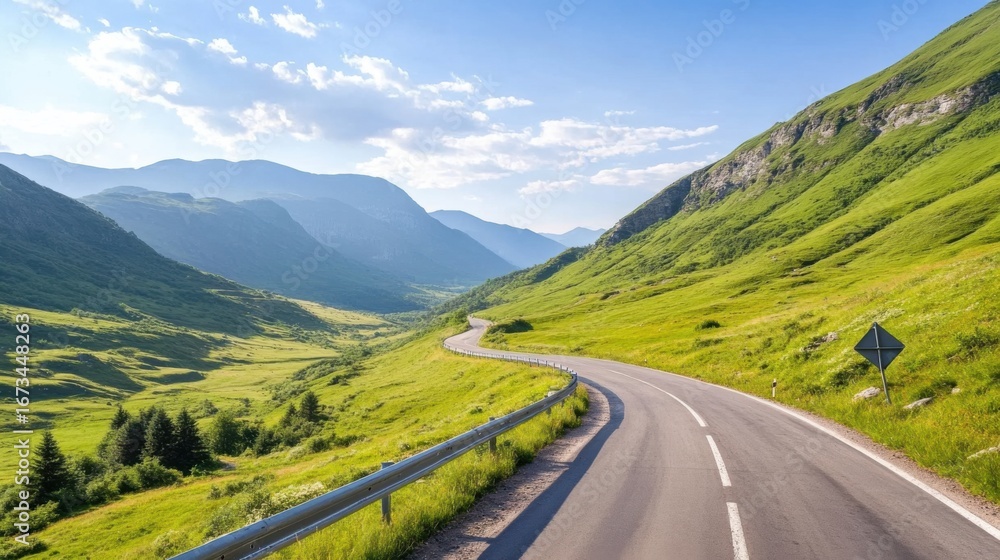 Naklejka premium Road trip through scenic landscape with long winding roads.