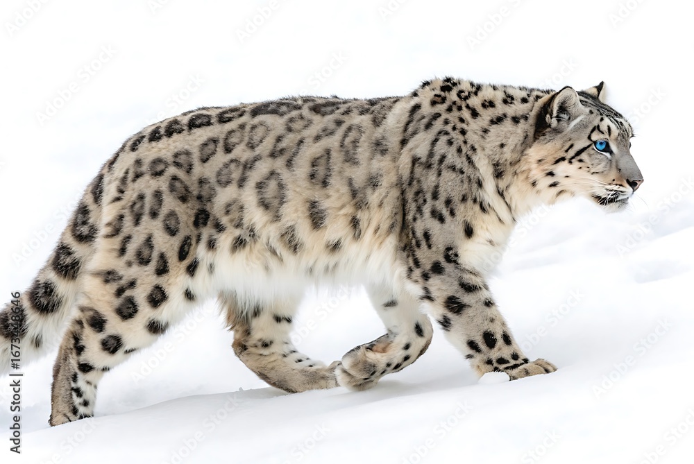 Naklejka premium A snow leopard walking in a snowy white field