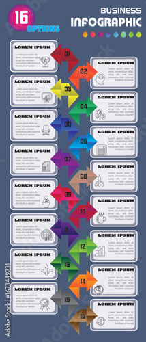 Business infographic template with 16 colorful steps. This vertical timeline design uses origami-style arrows and icons. Ideal for data visualization, process diagrams, workflow charts, and presentati