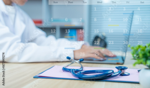 Medical staff with virtual digital calendar on laptop to plan patient treatment and follow up in hospital. Appointment scheduler agenda calendar organizer planner time management concept.