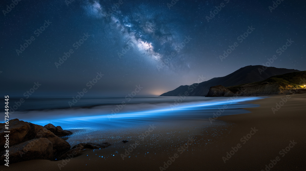 Fototapeta premium Stunning night sky with Milky Way and stars over tranquil beach landscape showcasing natural beauty and scenic outdoor horizon in a peaceful coastal setting