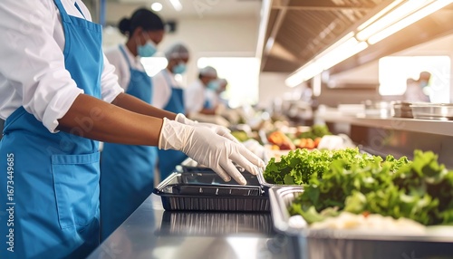 Kitchen staff prepping meals with focus on gloves and salad, commercial kitchen, and daytime.