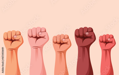 Raised fists vector illustration symbolizing protest, power and revolution fight, rebel victory, background for manifestation, vote riot, freedom struggle, solidarity and social rights themes