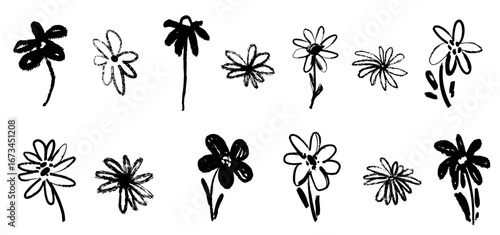 Flower vector brush crayon charcoal sketch floral  arrangement hand drawn in simple doodle style. Grunge botanical wedding, party decoration silhouette collection.