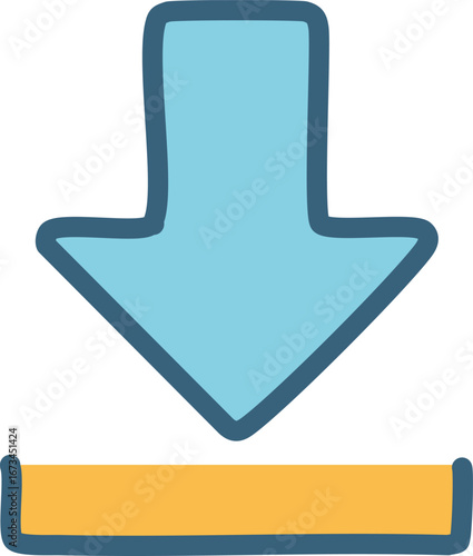 A hand-drawn icon of a light blue arrow pointing downwards towards a yellow horizontal bar.