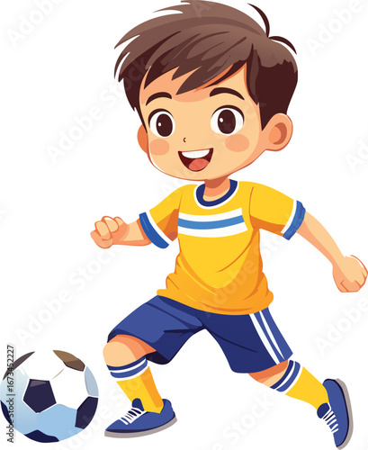 A happy cartoon boy in a yellow and blue uniform dribbles a soccer ball with a joyful expression.