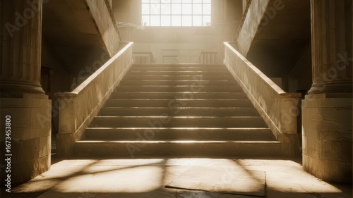 Sunlit Staircase Leading Upward with Radiant Glow at the Top, Creating Strong Contrast and Hope Symbolism