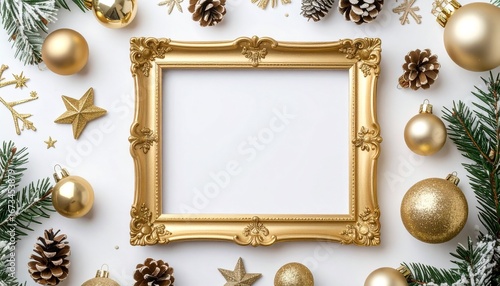Golden Frame Amidst Festive Flourish: A golden frame, the centerpiece of a Christmas arrangement, framed by festive ornaments, and evoking the holiday season's warmth.