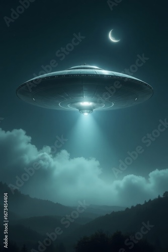 Flying saucer descending over misty mountains alien