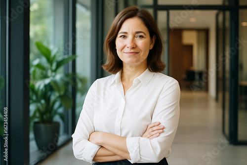 Woman with brown hair wearing a white blouse with arms crossed in an office hallway adult female Free Download Woman with brown hair wearing a white blouse with arms crossed in an office hallway adult female - GFXLoad