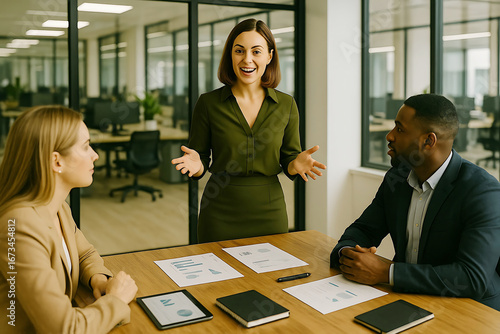 Woman in olive green shirt presenting to colleagues at a wooden table with documents business meeting