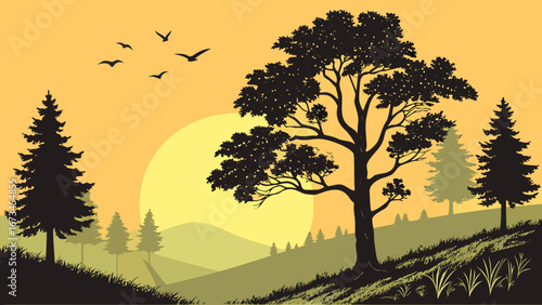 Stylized Black Silhouette Forest Scene with Sun
