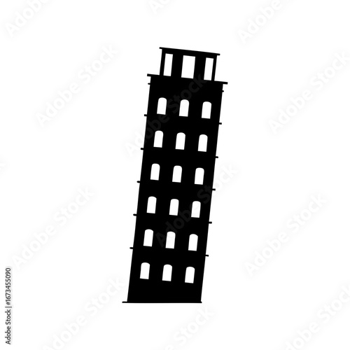 Black silhouette of the Leaning Tower of Pisa with repeating arches